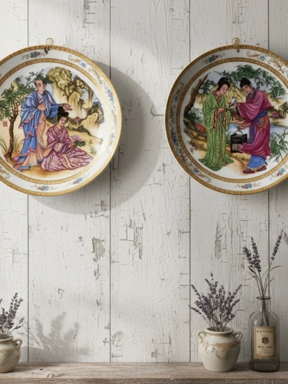 Vintage Made in Spain Chinoiserie Porcelain Cabinet Plates